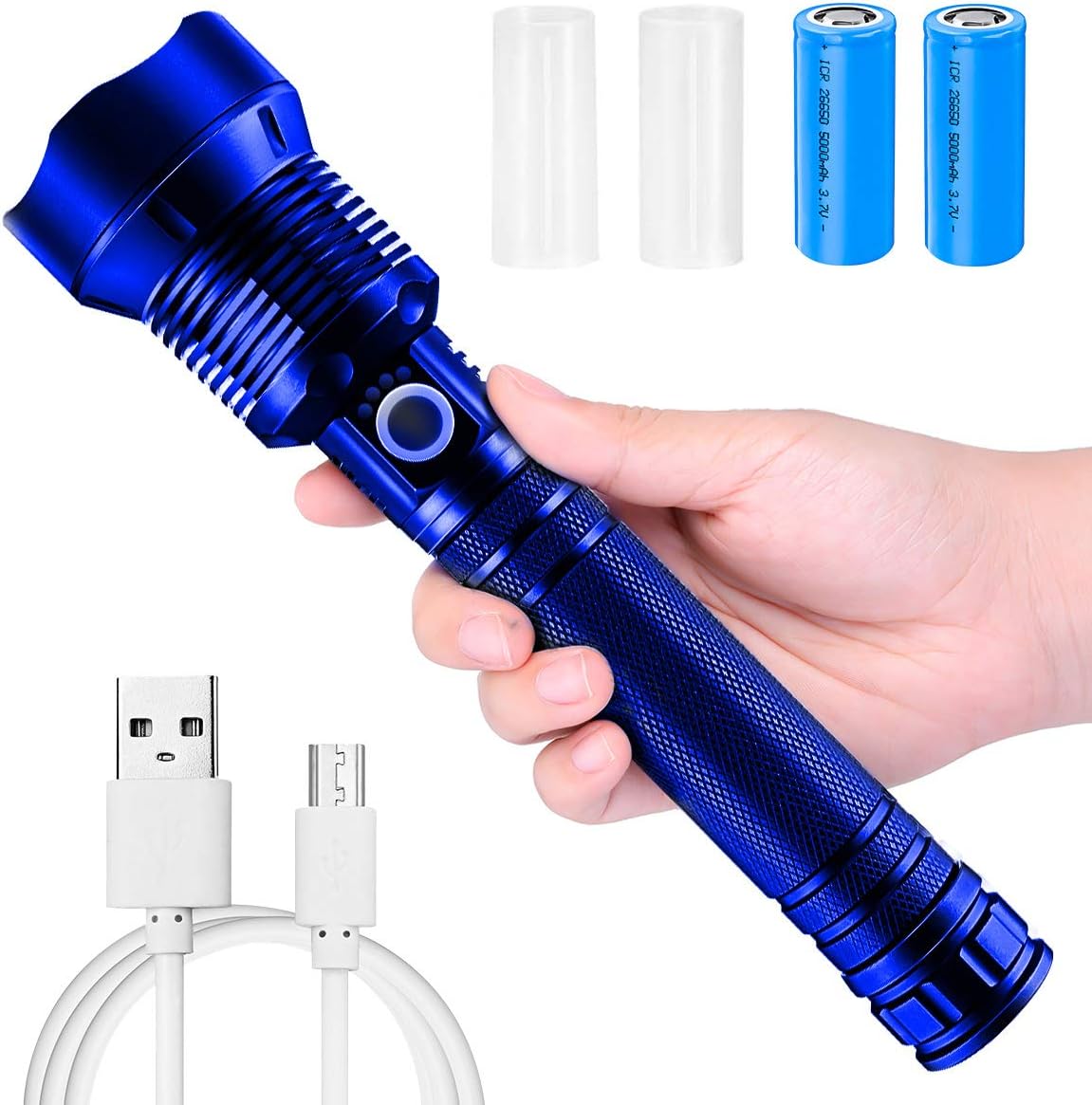 LED Flashlight 90000 Lumens Most Powerful 26650 USB Torch, Single Mode, High Lumen, Zoomable, Water Resistant - Camping, 3 Modes Searchlight for Outdoor or Home Emergency Everyday Flashlights - - 