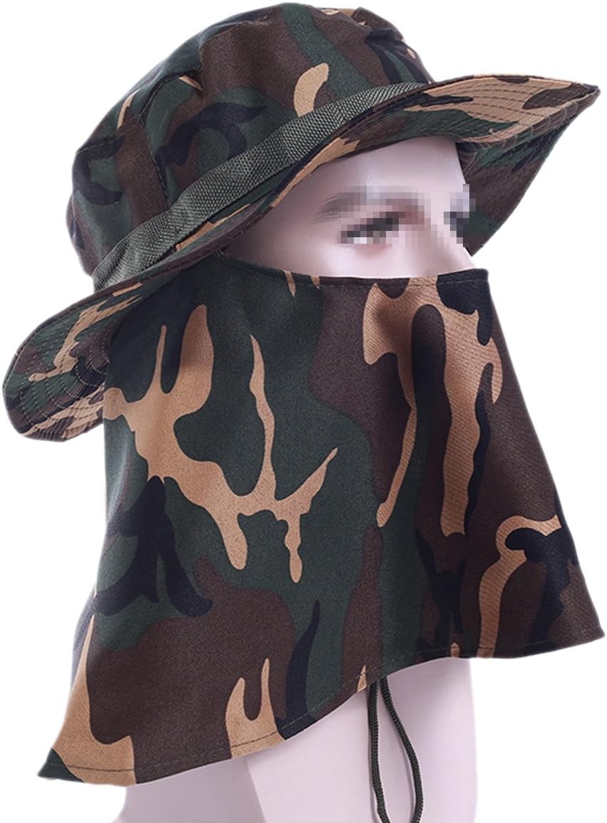 Fletion Unisex Women Men's Woodland Camo Combat Boonie Bush Hat Wide Brim Jungle Hat Summer Fishing Outdoor Sports Sun UV Protection Bucket Hat Mask Cap with Detachable Long Neck Face Cloak