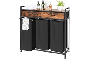OLLIEROO Laundry Sorter 3 Section, 180L Laundry Hamper Basket with Shelf and 2 Drawers, 3 Compartment Clothes Storage Organizer Cart, Pull-Out Removable Oxford Fabric Bags, Rustic Brown and Black