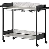 South Shore City Life Bar Cart with Wine Glass Rack, Black and Faux Carrara Marble