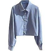 SweatyRocks Women's Striped Button Down Crop Blouse Collar Long Sleeve Work Office Shirts