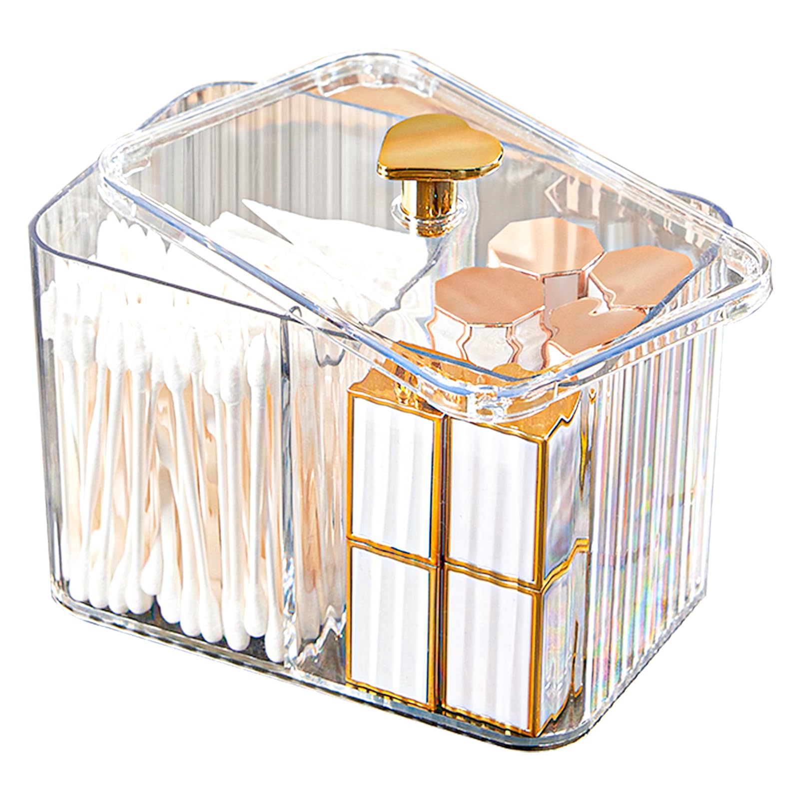 Veki Clear Cotton Pad Container Holder with Lid, Cotton Bud Holder with 3 Compartments for Dressing Table, Bathroom, Bedroom, Makeup Organiser Storage for Cotton Swab, Floss, Cosmetic (Transparent)