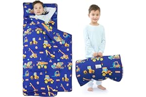 UOMNY Toddler Nap Mat Boys Kids Nap Mats with Removable Pillow and Blanket Engineering Vehicle Toddler Sleeping Bag for Preschool Daycare Blue Excavator 53x21 Inch