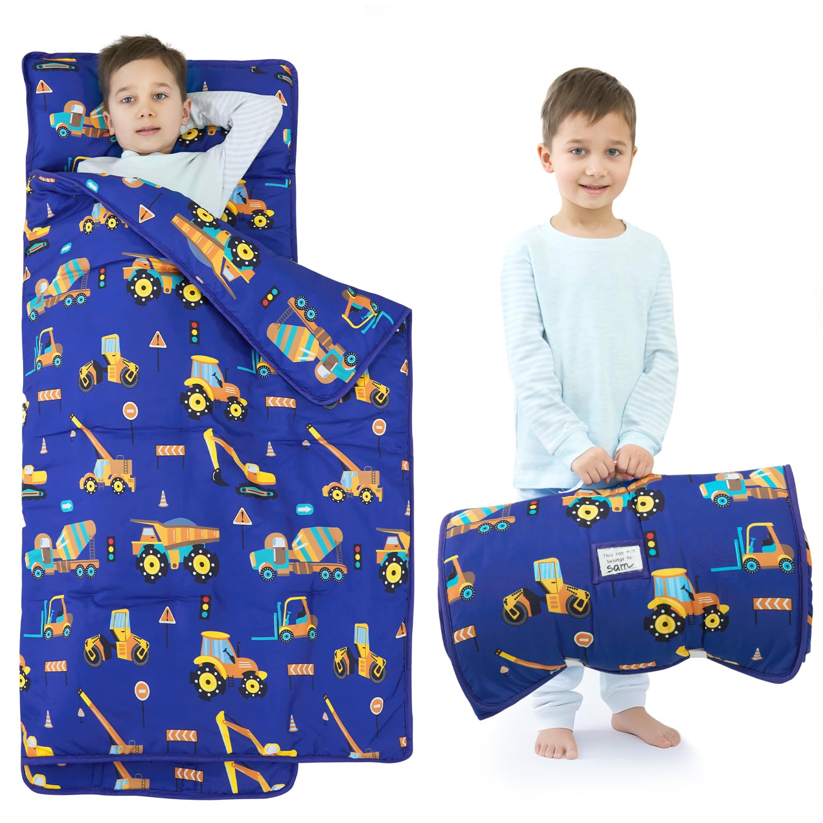 Photo 1 of UOMNY Toddler Nap Mat Boys Kids Nap Mats with Removable Pillow and Blanket Engineering Vehicle Toddler Sleeping Bag for Preschool Daycare Blue Excavator 53x21 Inch