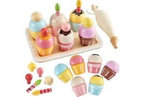 HERSITY Wooden Cupcakes Toys Pretend Play Food Desserts Kids Baking Set, Kitchen Playset for Toddlers 3-5, Tea Party for Little Girls Cooking Games Age 3 4 5 Years Old Girls Boys