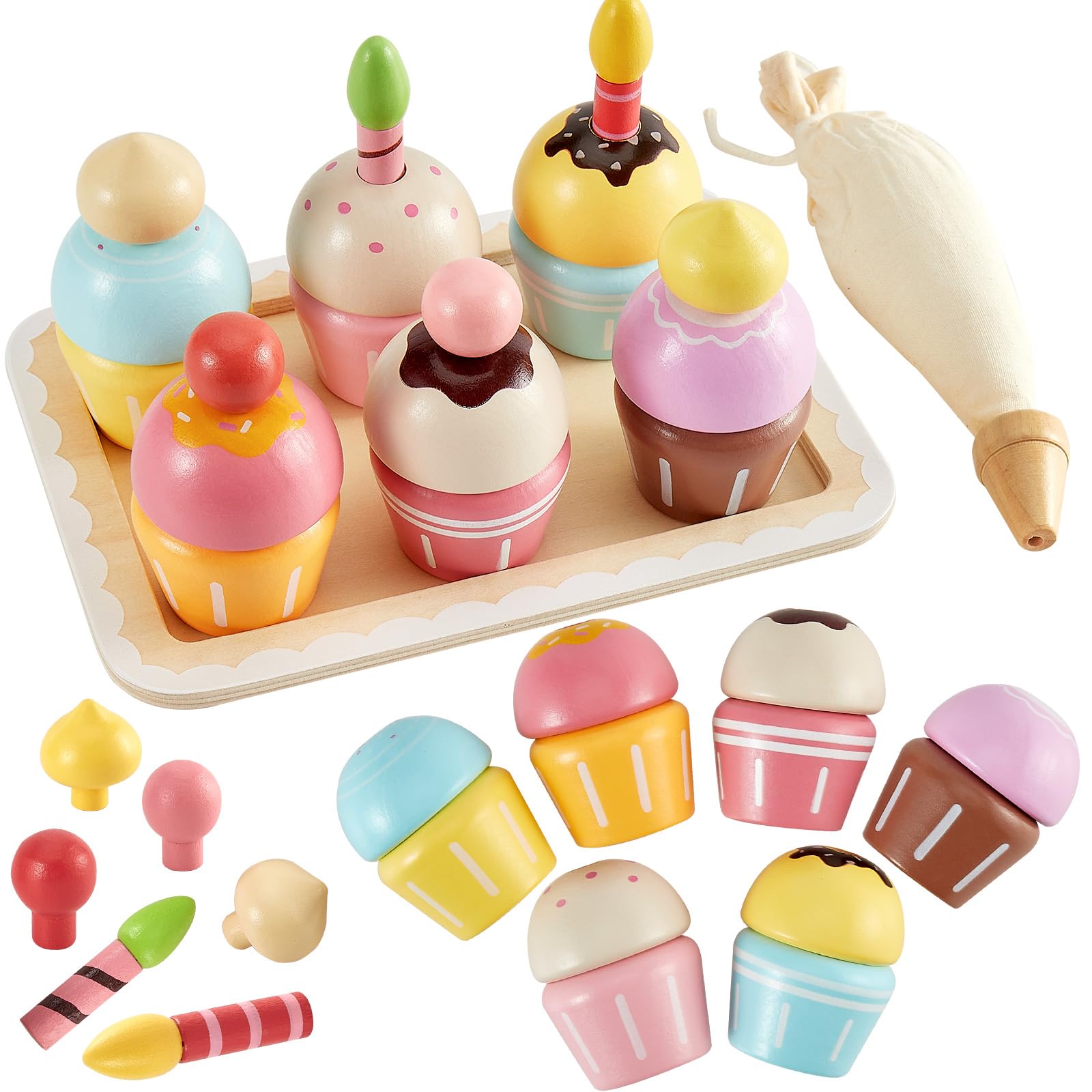 HERSITY Wooden Cupcakes Toys Girls Afternoon Tea Party Set, Pretend Role Play Food Desserts Kitchen Accessories Cake Baking Toy Sweets, Cooking Toys for 3 4 5 Year Old Boys Kids
