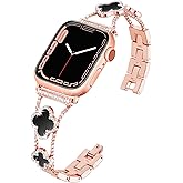 wipalor Four-leaf Clover Band Fit Apple Watch Bands for Women 42mm 41mm 40mm 38mm, Thin iWatch Bands for Women, Metal Bling Cute Bands for Apple Watch SE Series 11 10 9 8 7 6 5 4 3 -Rose Gold/Black