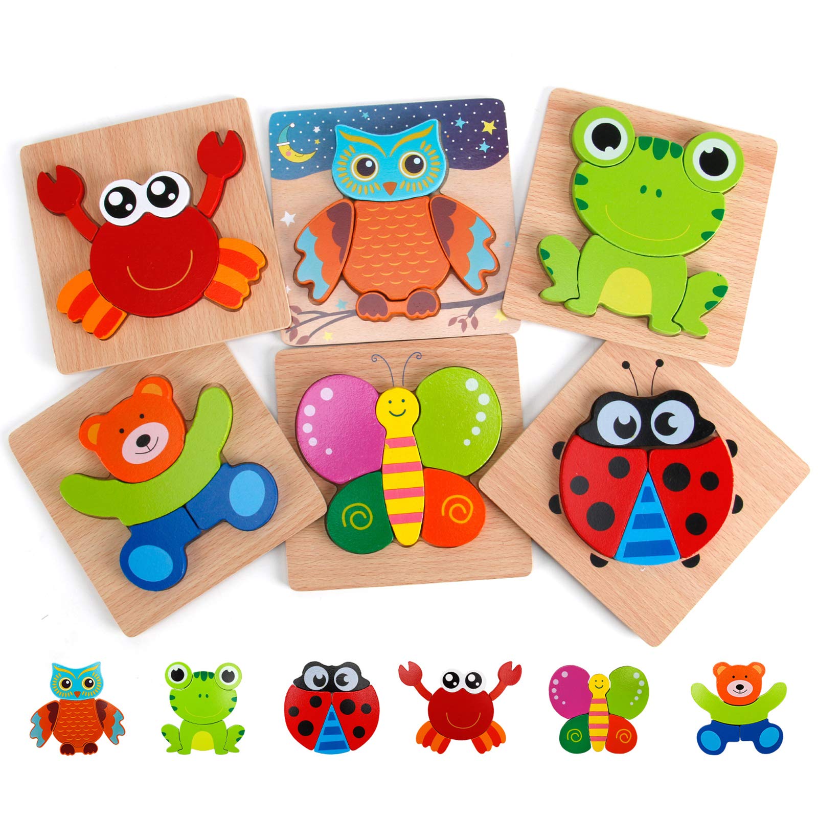 Slotic Wooden Puzzles for Toddlers - Animal Jigsaw Puzzles for 1 2 3 Years Old Boys &amp; Girls, Kids Educational Toys (6 Pack)