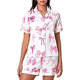 Pinclodly Womens Pajama Sets Y2K Bow Print Short Sleeve Button Down Shirts and Lounge Shorts Sets 2 Piece Silk Pjs