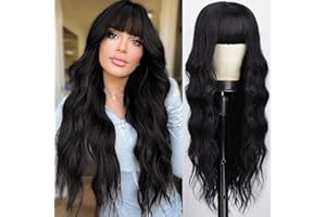 AISI QUEENS Black Wig with Bangs, Long Black Wavy Wigs for Women Synthetic Wigs Natural Black Curly Hair Wig for Girls Daily Party Use
