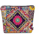 Kalygon Women Makeup Organizer Bag Mandala Floral, Colorful Ethnic Mandala Flower Patchwork Flax Cosmetic Bag Makeup Bags Toiletry Bag Accessories Organizer Travel Bags For Home Bathroom Office Hotel