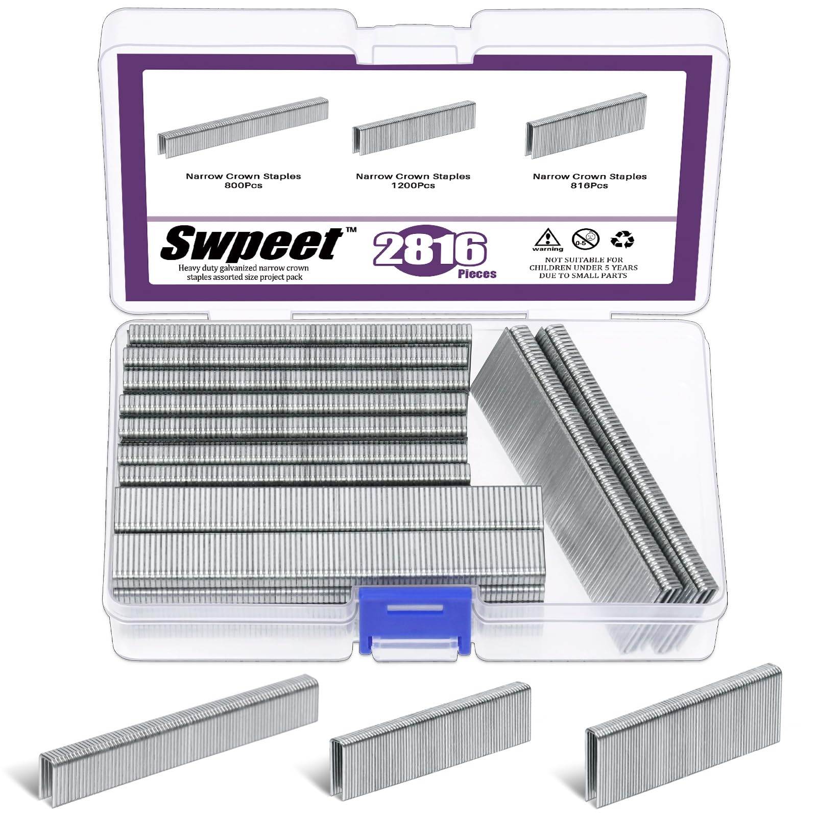 Swpeet 2817 Counts 3 Sizes K413 K419 K425 18 Gauge 1/4" Silver Narrow Crown Staples, Galvanized Finish Staples Approx 1/4"×1/2"/3/4"/1", Suitable for Pneumatic, Electric Stapler