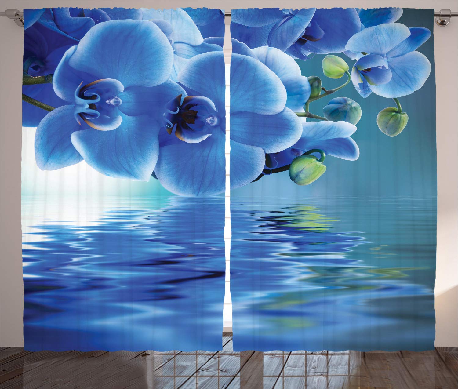 ABAKUHAUS Flower Curtains, Orchids Natural Flowers Reflections on the Water for Spring Time Relaxing Print, Living Room Bedroom Window Drapes 2 Panel Set, 89 L X 110 W, Blue