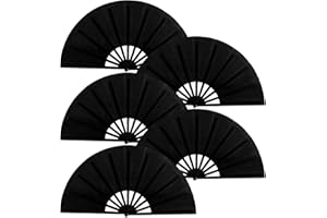 BRYCTSISEN 5 Pack Large Folding Fan Popping Fabric Handheld Rave Foldable Fans for Line Dance Parties Outdoor Events Performance Decorations (Black)