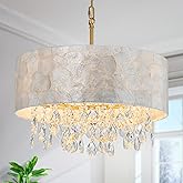 LumFurn 4-Light Drum Capiz Shell Crystal Chandeliers, Coastal Style Pendant Light Fixture for Dining Room, Living Room, D18 x