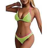 TASHEHE Women's Colorful String Bikini Set Sexy Triangle Two Piece Neon Bikini Swimsuit Color Block Halter Bathing Suit