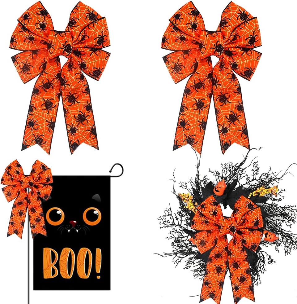 Bows & Ribbons - Hying 2PCS Halloween Bow for Wreath, Burlap Spider Web Wreath Bow for Halloween Décor Orange Bow for Front Door Indoor Outdoor Wall Tree Topper Decoration Supplies Halloween Ornament