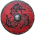 HIGHBIX Medieval Vikings Era Adult Size 24" Shield Handmade Natural Wood & Iron Battle Play Halloween Warrior Cosplay Dark Red
