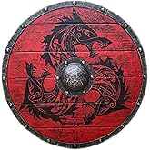 HIGHBIX Medieval Vikings Era Adult Size 24" Shield Handmade Natural Wood &amp; Iron Battle Play Halloween Warrior Cosplay Dark Red