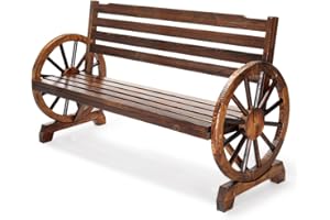 VINGLI Outdoor Rustic Wooden Bench with Wagon Wheel Arms, 3 People Outdoor Bench Garden Bench Front Porch Furniture Patio Lawn Yard Park, Indoor and Ourdoor Decor