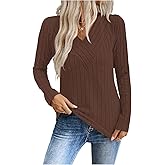 winkbay Women's Wrap V Neck T Shirts Fall Long Sleeve Ribbed Knit Dressy Casual Tops
