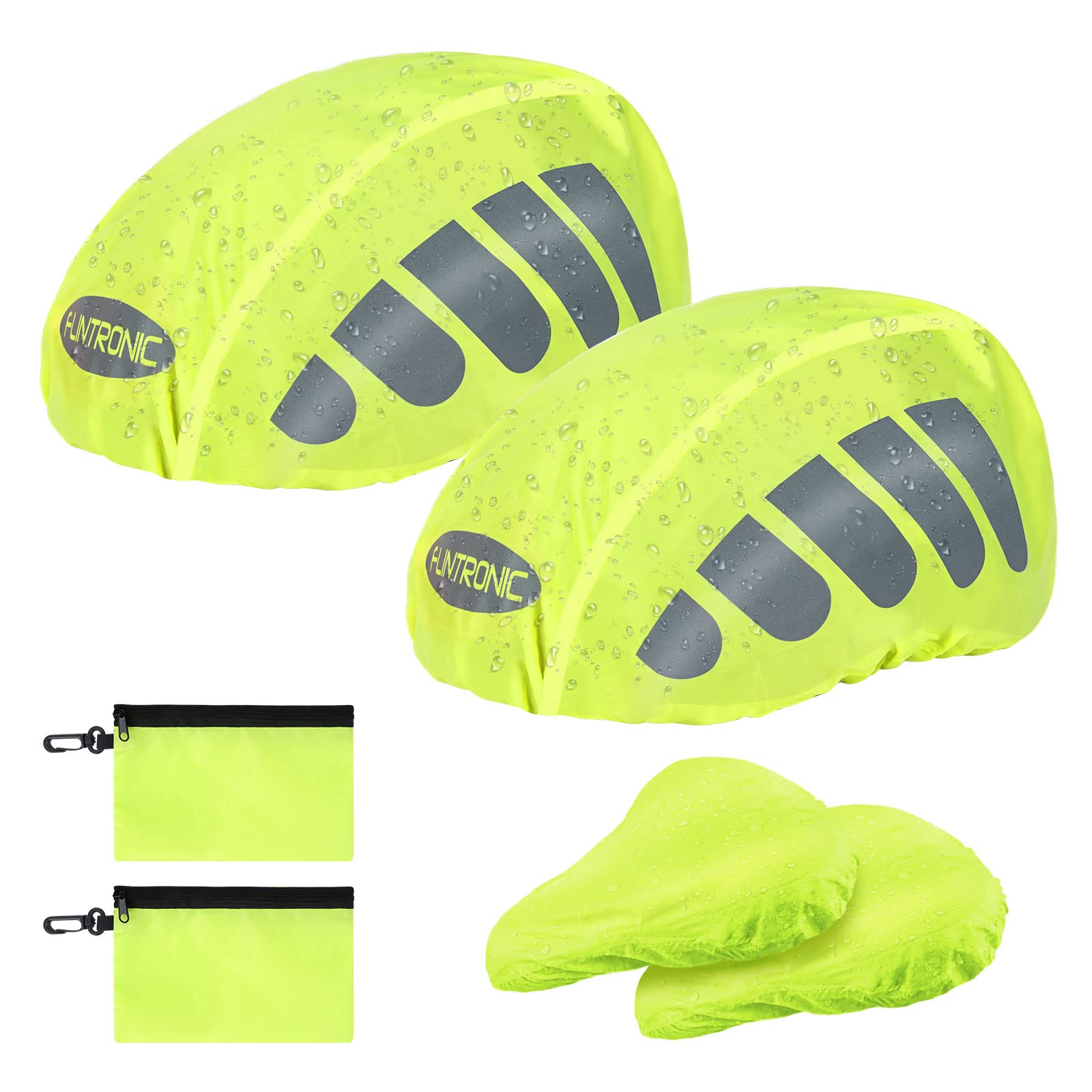 BTR Helmet Cover & Bike Seat Cover, 4 Pack Waterproof Helmet Rain Cover Bike Saddle Cover, High Visibility Bike Helmet Cover with Reflective Strip, Dustproof Cycle Seat Cover Driving (Black&Green)