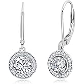 Cubic Zirconia Halo Dangle Earrings for Women in 925 Sterling Silver in Round, Oval, or Cushion Cut CZ with Leverback by MAX + STONE
