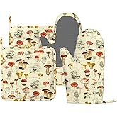 MIFSOIAVV Mushroom Oven Mitts and Pot Holders Sets Silicone Vintage Mushrooms Kitchen Mitts Potholders Heat Resistant 4Pcs Oven Gloves Hot Pads for Kitchen Baking Cooking BBQ Grilling