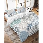 LooPoP Comforter Sets Queen Size Nautical Coastal Ocean Coral Soft Bedding Duvet Cover Sets 3 Pieces Beach Themed Blue Teal Bedding Set with Comforter Quilt Cover and 2 Pillow Cases Bedroom Decor