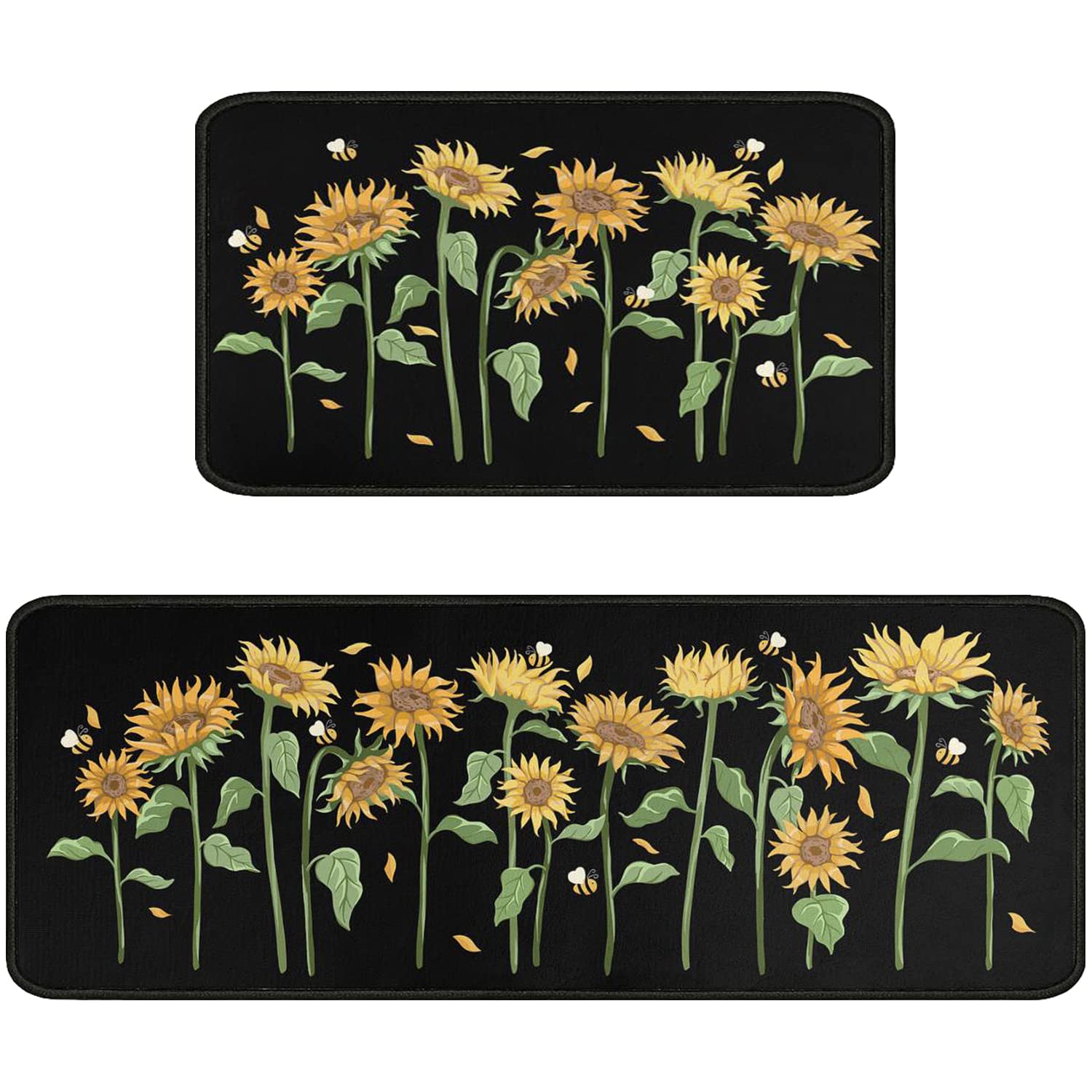 Faptoena Sunflower Black Kitchen Rugs and Mats Set