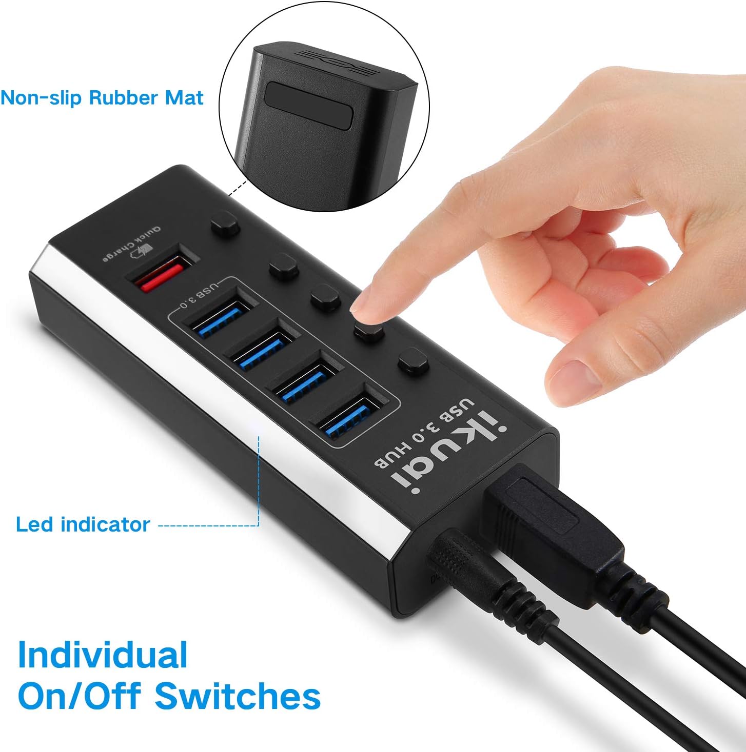 Powered USB Hub ikuai 5 Port USB Hub 3.0 Splitter with 4 Port USB Hub +1 USB Fast Charging Port, USB Extender Hub with 24W (12V/2A) Power Adapter and Individual On/Off Switches: Computers & Accessories