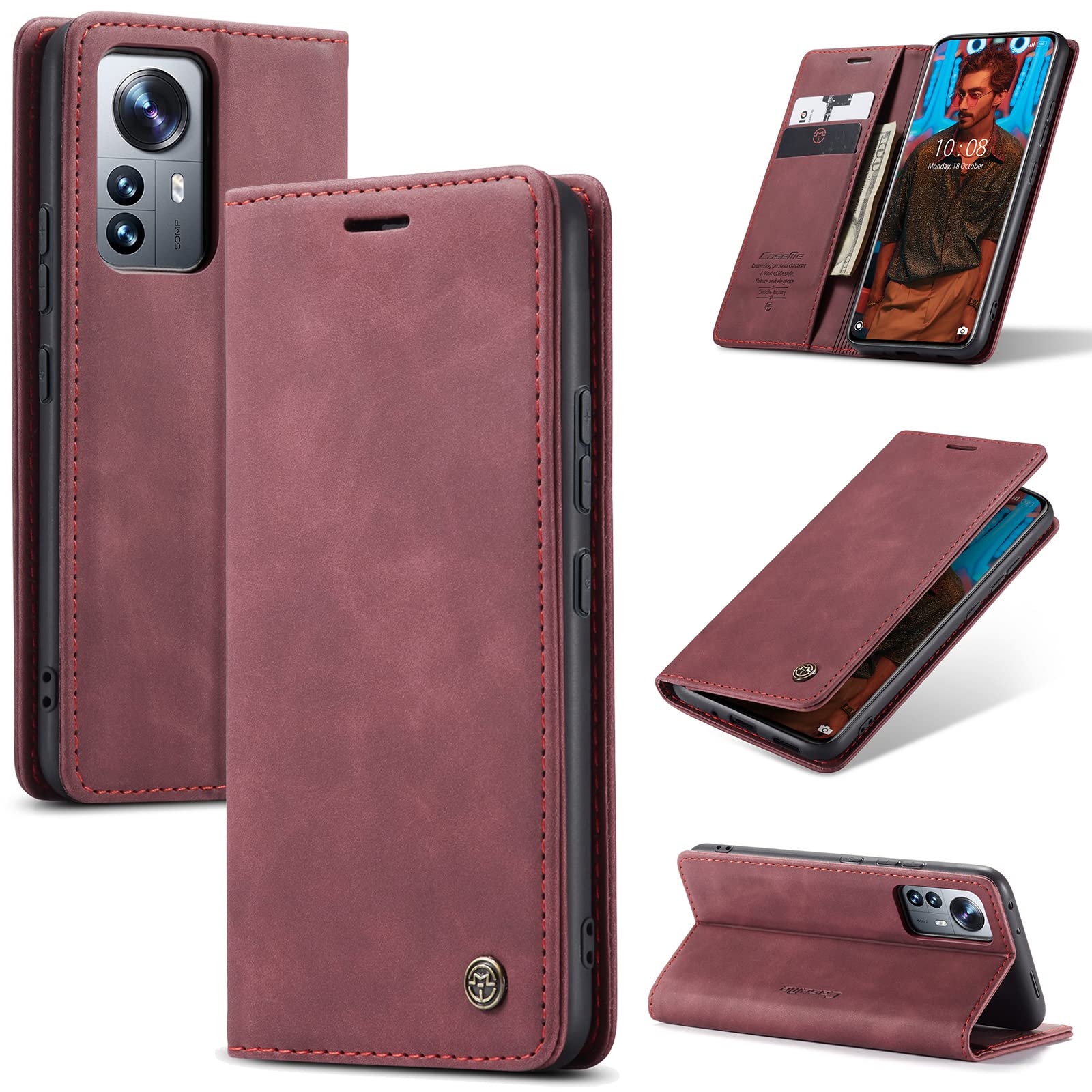 UFinetech Case for Xiaomi 12 Pro, Leather TPU Cover Shell Xiaomi 12 Pro 5G, Slim Flip Folio Magnetic Closure Kickstand Card Holder Wallet 2-in-1 Shockproof Anti-scratch Camera Protector 2022, Red