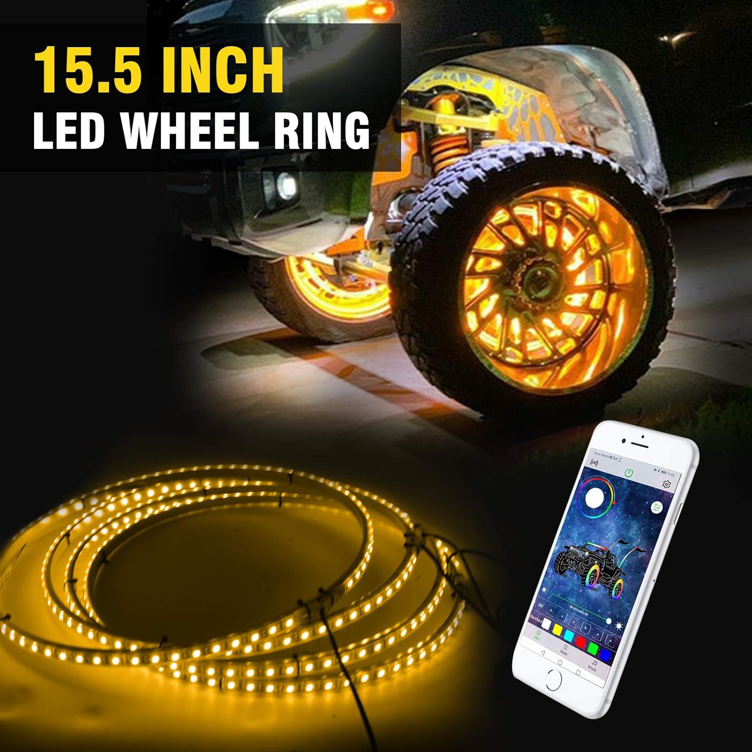 Safego RGB Wheel Ring Lights 4Pcs 15.5inch 288LEDs Multiple Dream Color Rim Lights Tire Lights Controlled By Remote and Blue-Tooth Compatible with Most Cars, Trucks, SUV ATV (Single Side): Automotive
