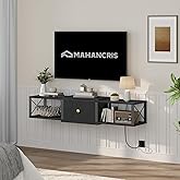 MAHANCRIS Floating TV Stand with Power Outlet, Wall-Mounted TV Stand with Drawer, Floating Entertainment Center Media Console Shelf for Under TV Storage, for Living Room, Bedroom, Black TVBK201E01