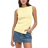 Baonmy Women Asymmetrical Button Down Side Split Tank Tops Sleeveless Boat Neck Slim Fit Ribbed Knit Summer Casual Tank