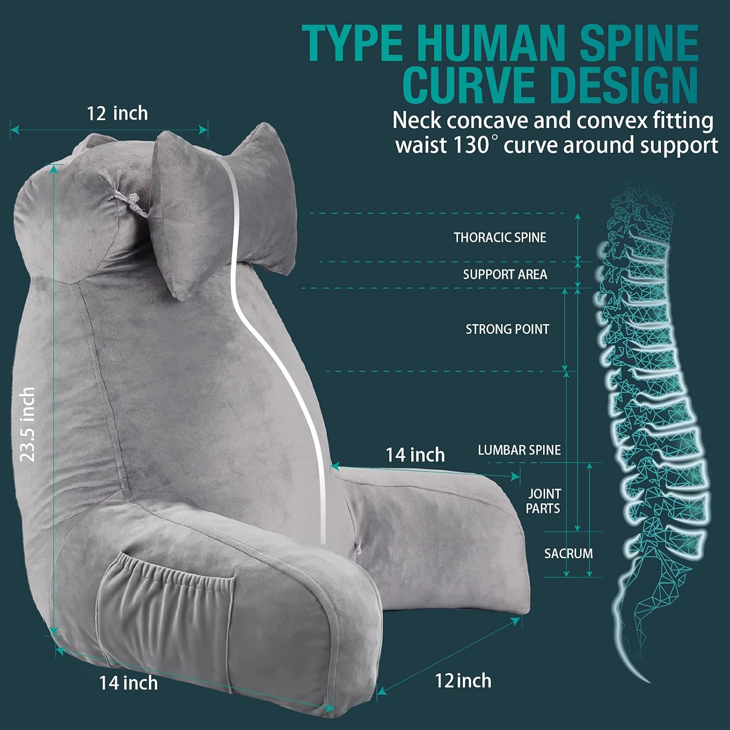 Vekkia Bed Rest Reading & Neck Pillow, Bonus Multifunction Detachable Pillow, Ergonomic Design. Perfect Back Support for Adults Reading/Watching TV/Sitting in Bed - Extra Foams Incl. Large- 23.5': Home & Kitchen