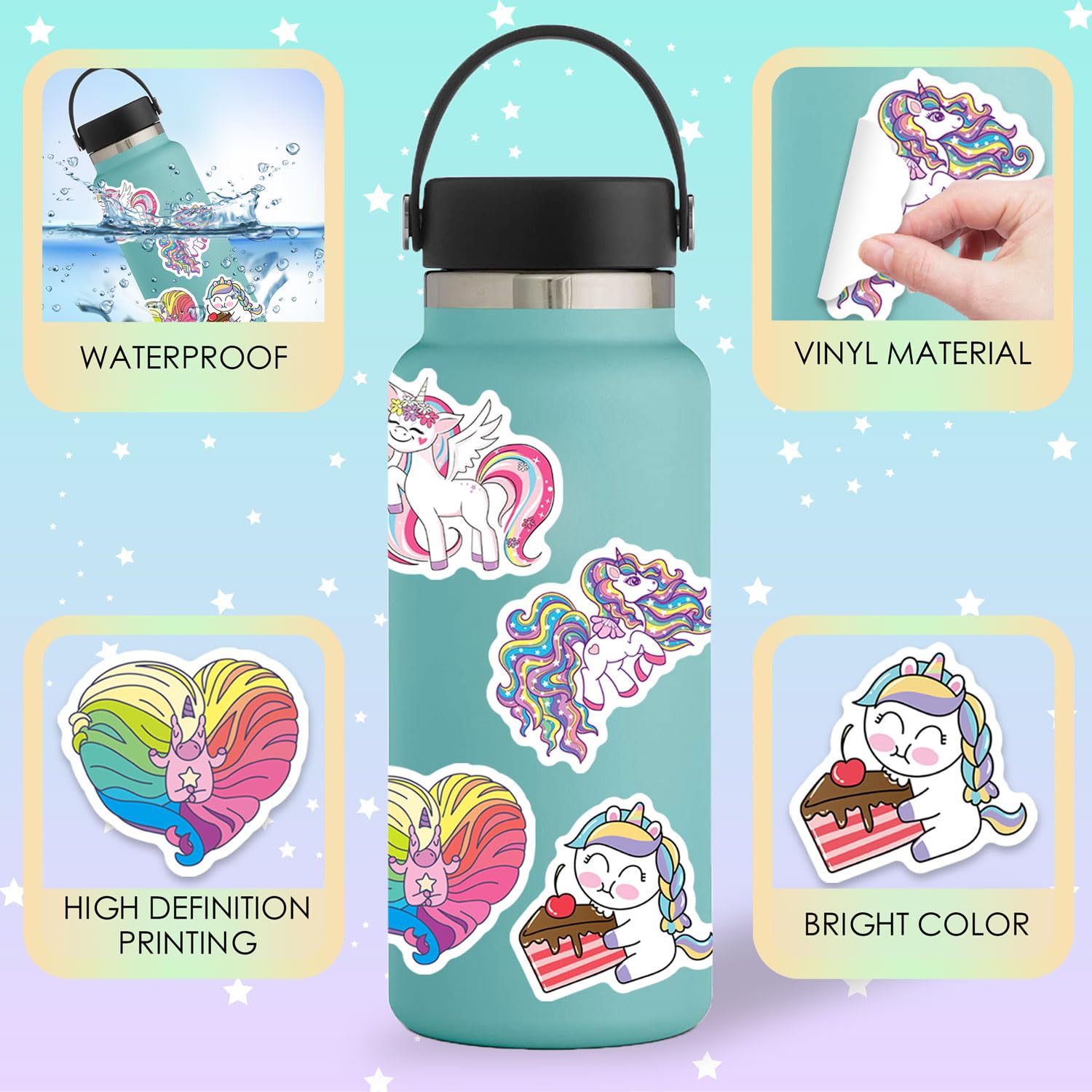 Unicorns Stickers 100 Pcs Waterproof Vinyl Stickers for Water Bottles