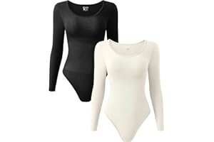OQQ Women's 2 Piece Bodysuits Sexy Ribbed One Piece Long Sleeve Crew Neck Tops Bodysuits
