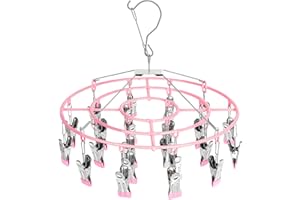 MOQIUZI Clothes Drying Rack,Stainless Steel Hanger with 24 Clips, Round Swivel, Windproof Hook Hanger for Drying Baby Clothes ，Bras, Towel, Sock,Lingerie (Pink)