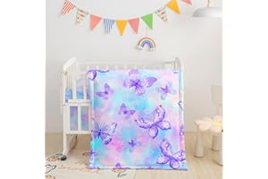 Datura Home Crib Bedding Set, 3-Piece Nursery Crib Bundle with Comforter, Crib Sheet & Skirt, Watercolor Butterfly Printed Bedding for Baby Boys & Girls (Butterfly Purple)