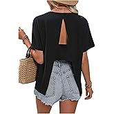 Floerns Women's Split Open Back Crew Neck T Shirt Cut Out Short Sleeve Tee Tops