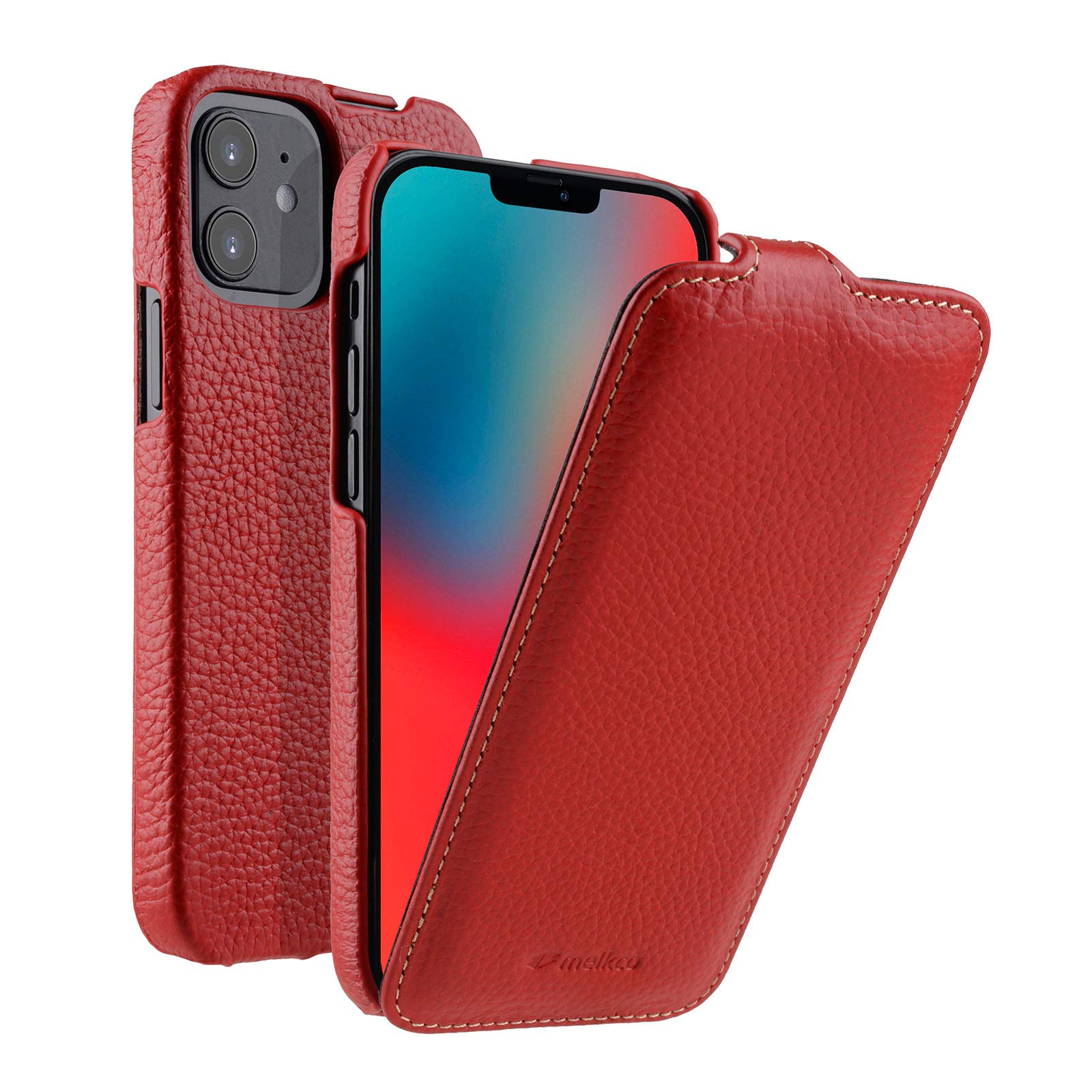 MELCKO Case Suitable for Apple iPhone 12 Mini (5.4 Inch), Mobile Phone Case with Coated Leather, Flip Case, Protective Case, Foldable, Thin Mobile Phone Pocket, Slim Cover, Red
