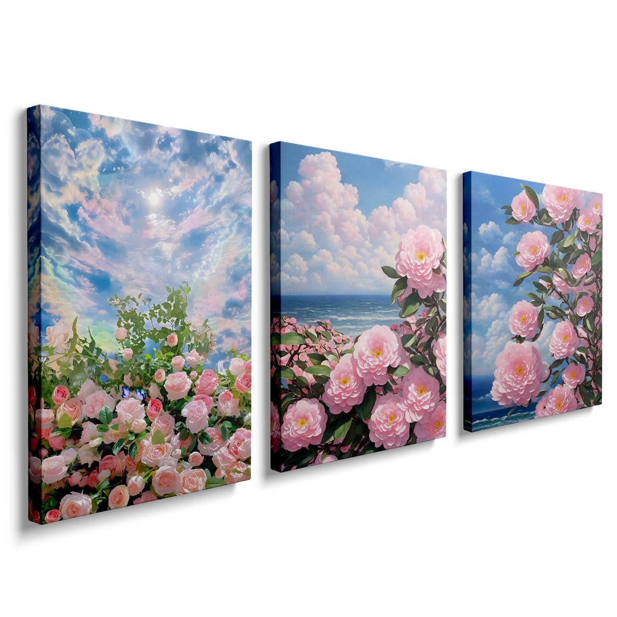 prinfantasy Pink Wall Art Flowers Canvas Prints Floral Pictures Modern Paintings Artwork Framed for Bedroom Bathroom Living Room Home Wall Decor 30x40cm 3 Panels YH094