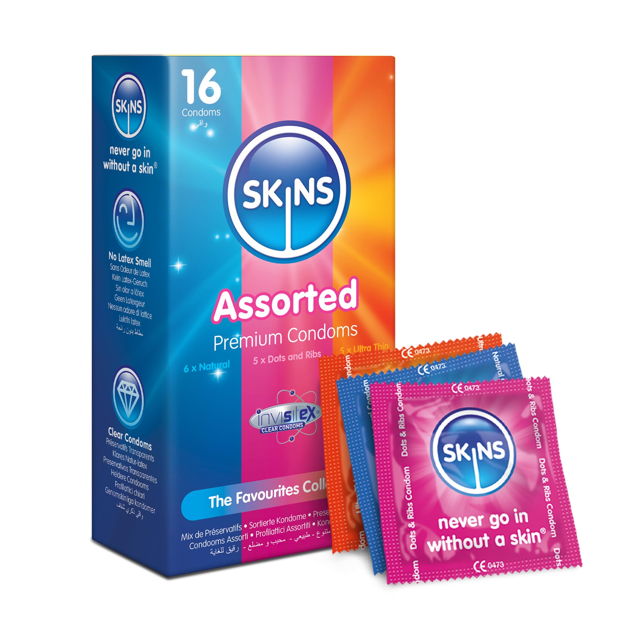 Skins Assorted Condoms Multipack, Ultra-Thin, Natural & Dots & Ribs. No Latex Smell and Extra Lubrication for Maxinum Pleasure. Natural Look That Feels Like Real Skin - Pack of 16