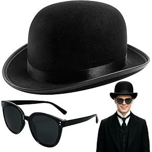 Eerrhhaq Bowler Hat Set,Black Derby Hat and Sunglasses for Men and Women | Classic Vintage Victorian Dress Up Hat for Hallowe