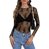 Lace Long Sleeve Tops for Women Mesh Sheer Sexy Undershirt Crew Neck Floral See Through Shirts