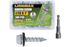 LIONMAX 300-PCS Metal Roofing Screws #10 × 1 Inch, Rustproof Coating Hex Head Sheet Metal to Wood Siding Screw with Rubber Washer, Sharp Point, Hex Socket Included