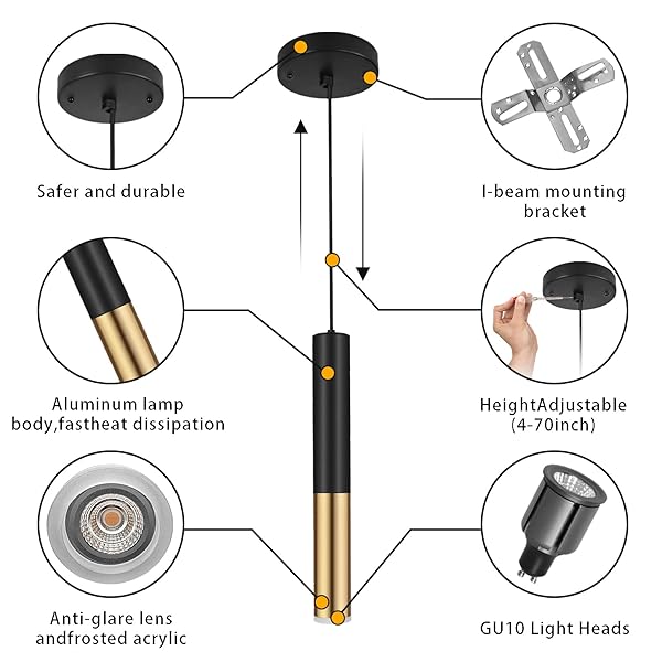 XIYAZG MODERN BLACK AND GOLD PENDANT LIGHT FIXTURE FOR KITCHEN ISLAND, 1-LIGHT PENDANT LIGHTING, LIGHTS CORD ADJUSTABLE, MATCHING GU10 LAMP HOLDER,FOR LIVING ROOM BEDROOM DINING ROOM(3PACK)