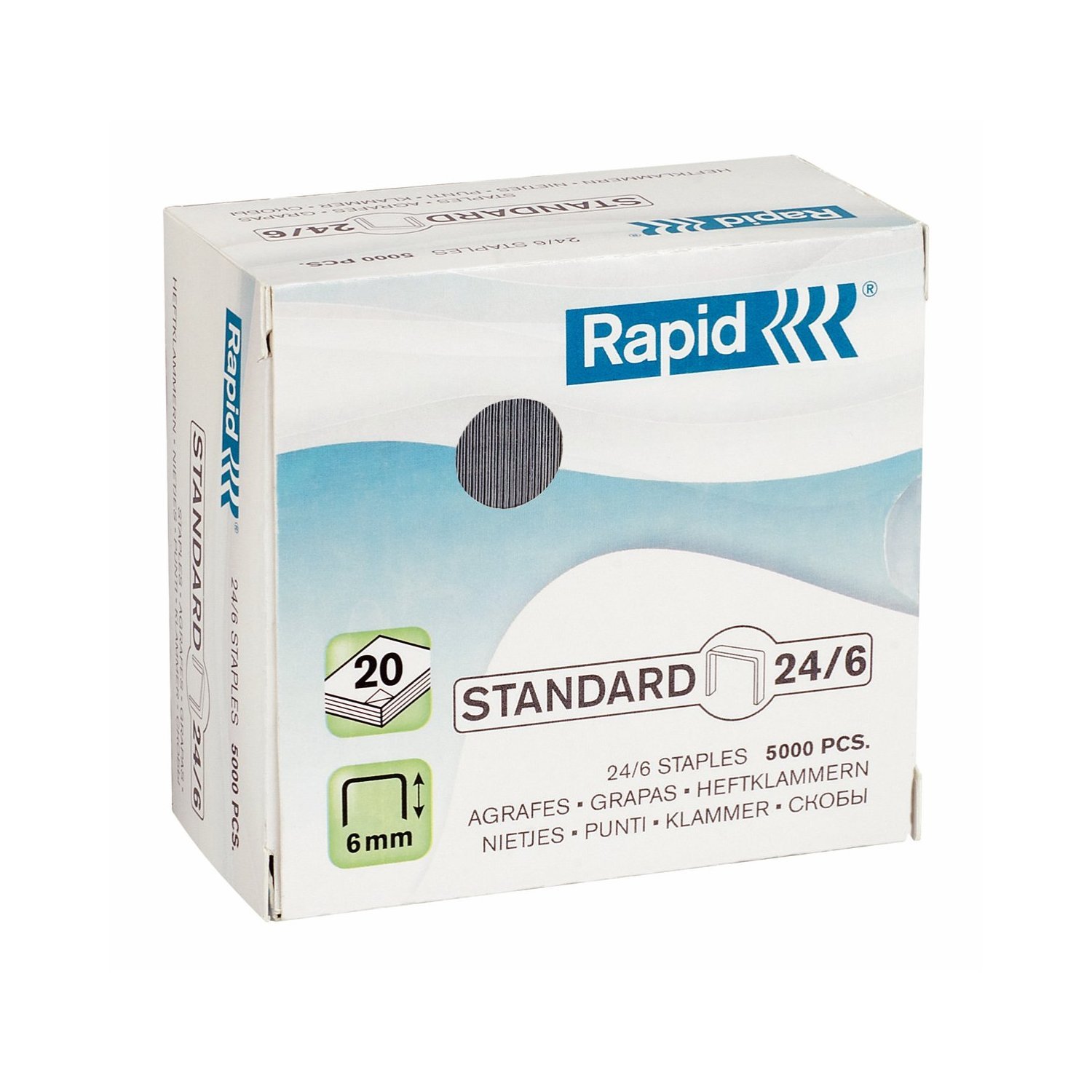 Rapid 24/6mm Standard Staples, For Stapling up to 20 Sheets, Use with Desktop and Electric Staplers, Galvanised Wire, Box of 5000, 24859800