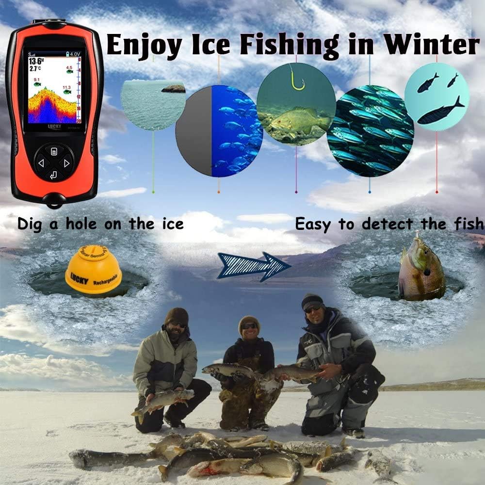 LUCKY Portable Fish Finder Transducer Sonar Sensor 147 Feet Water Depth Finder LCD Screen Echo Sounder Fishfinder with Fish Attractive Lamp for Ice Fishing Sea Fishing: Sports & Outdoors